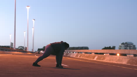 fitness, evening and black woman stretching