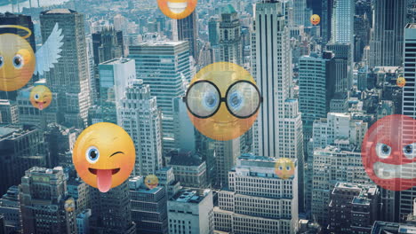 animation of emoji icons flying up over cityscape