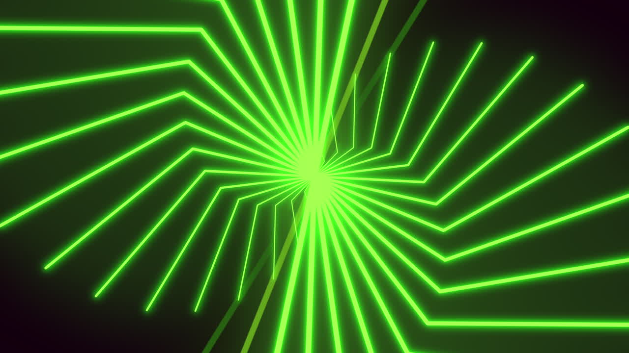 Raggi laser dinamici al neon verde ruotano a formare un tunnel ipnotico su uno sfondo scuro, creando uno sfondo animato astratto e futuristico ideale per video musicali, progetti di fantascienza, eventi e presentazioni
