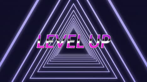 Animation-of-level-up-text-banner-over-triangular-shapes-in-seamless-pattern-on-black-background