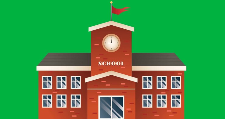 Digital animation of school building icon against black background