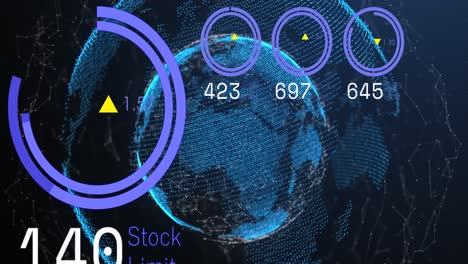 Animation-of-loading-circles-with-changing-numbers-over-connected-dots-around-globe
