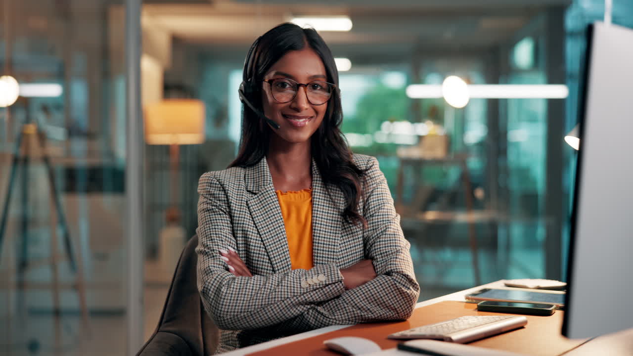 Professional Woman in Headset Working and Smiling in Office