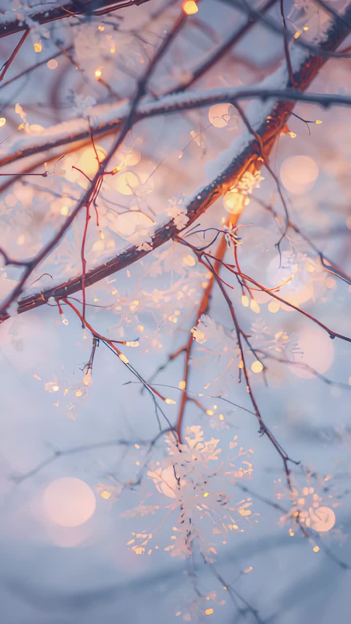 Vertical video: Glowing snow-dusted branch shifting focus at dusk, breeze moving twigs and lights