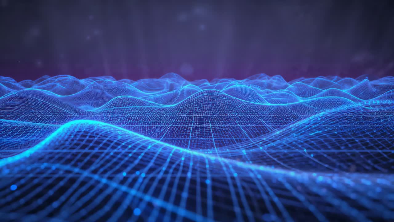 Frames showing glowing blue wireframe grid rolling toward viewer in studio, creating motion