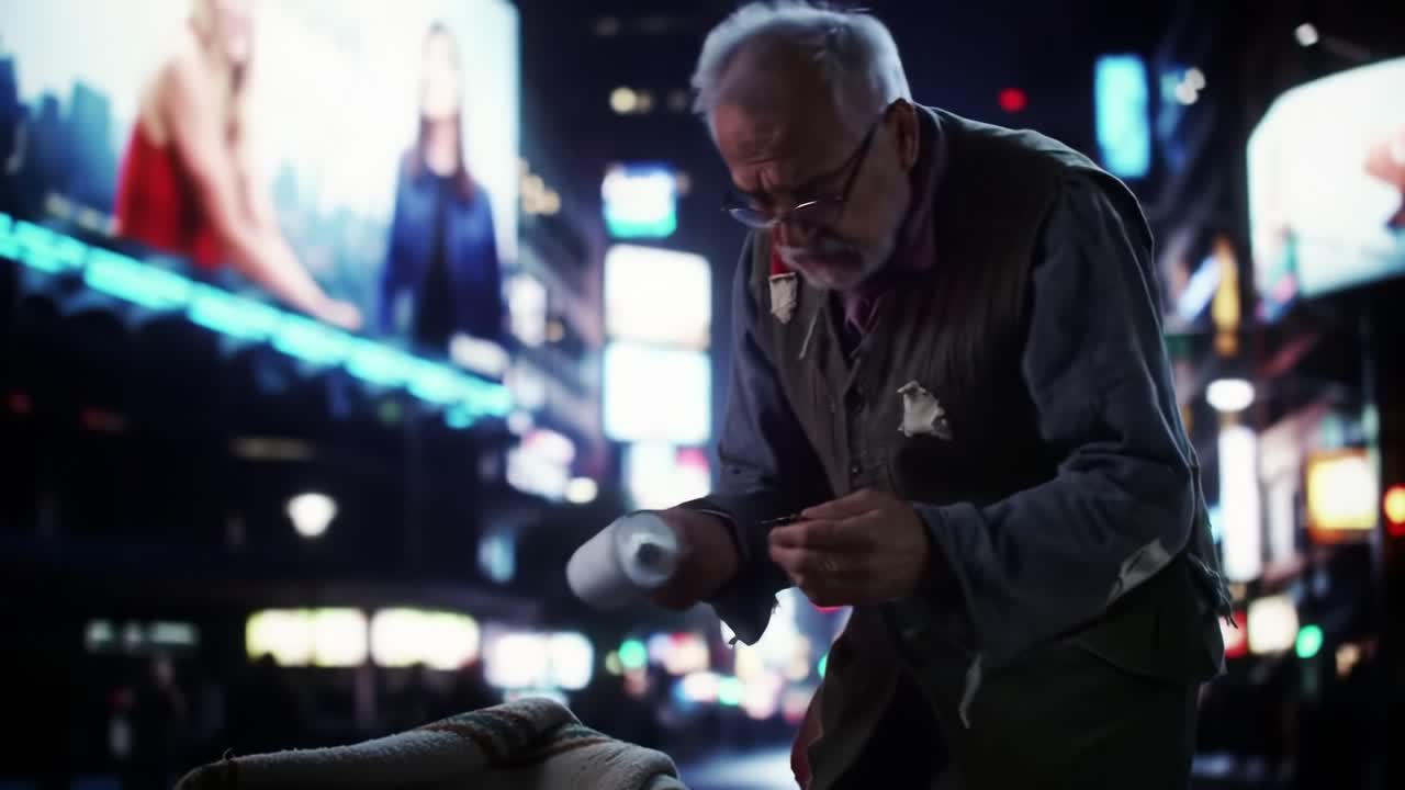 An elderly man leans over a person lying on the ground, surrounded by vibrant billboards and lights in a busy urban street setting at night.
