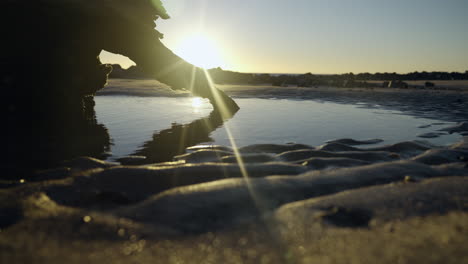 wide static shot of sunrise with driftwood and puddle on the beach