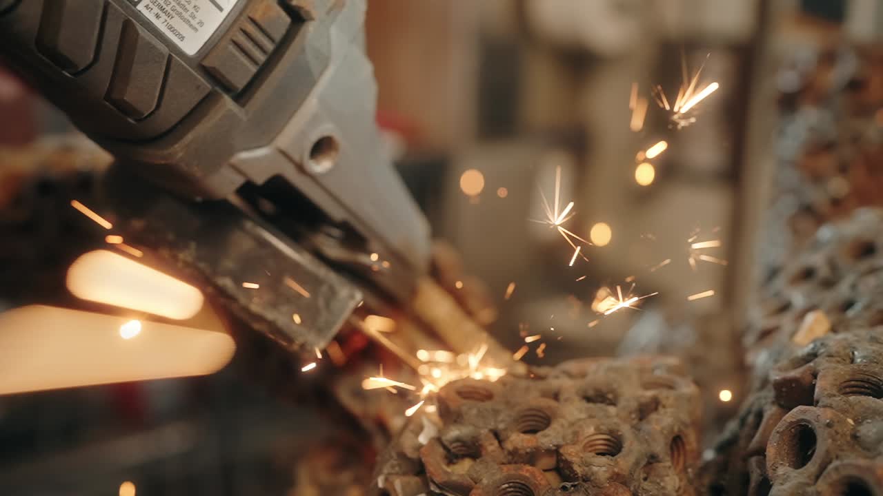 Close up slow motion bright orange sparks flying from worker grinding metal