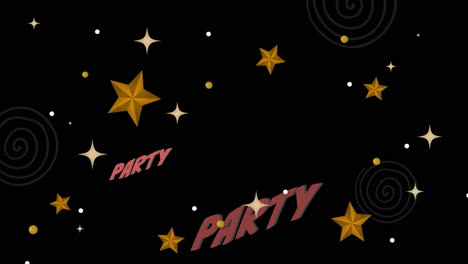 animation of party text in pink with white and golden stars on black background