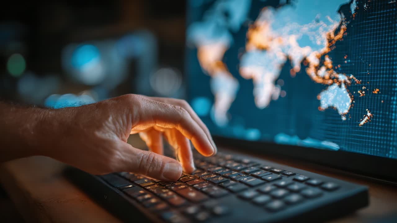 A Close-Up of a Hand Typing on a Keyboard with a Digital World Map Displayed on the Screen, Symbolizing Global Connectivity and Technology in Action