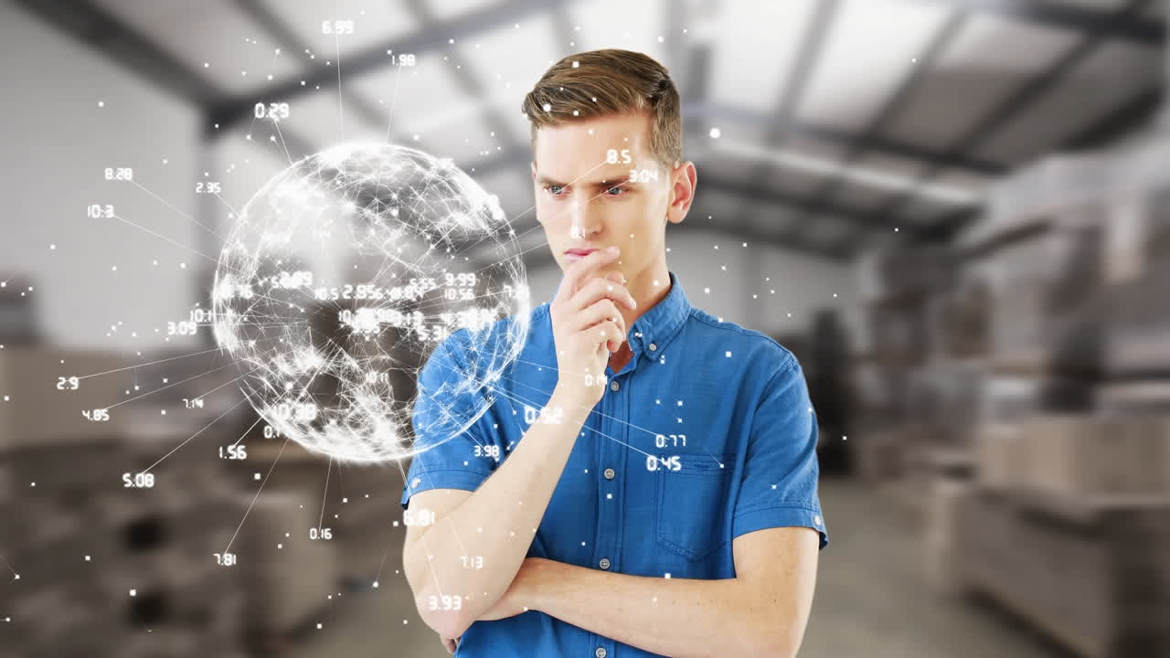 창고 배경 에 디지털 지구 를 보고 있는 젊은 남자 들