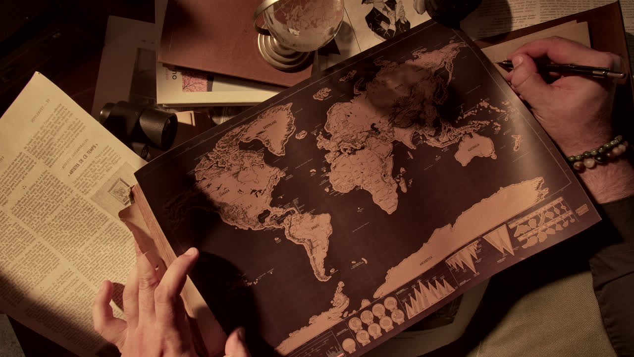Person studying a vintage world map