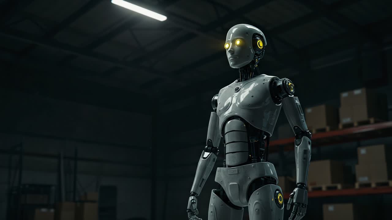 A futuristic humanoid robot stands in a dimly lit warehouse, showcasing advanced design elements and glowing features, embodying the future of artificial intelligence technology