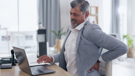 laptop, back pain and senior businessman