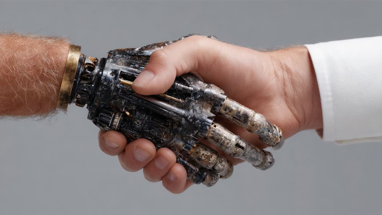 A Historical Moment: The Symbolic Handshake Between Human and Machine, Signifying a New Era of Collaboration and Technological Integration