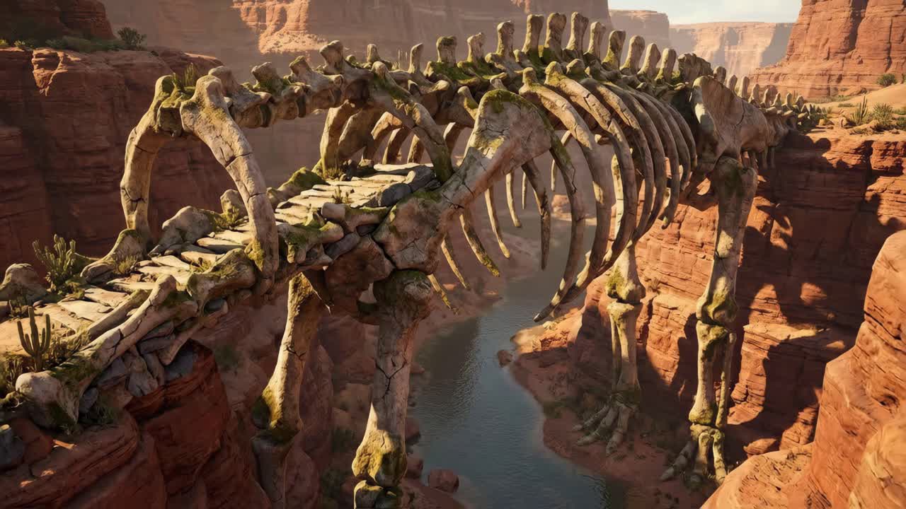 Ponte de esqueleto de dinossauro em paisagem de cânion