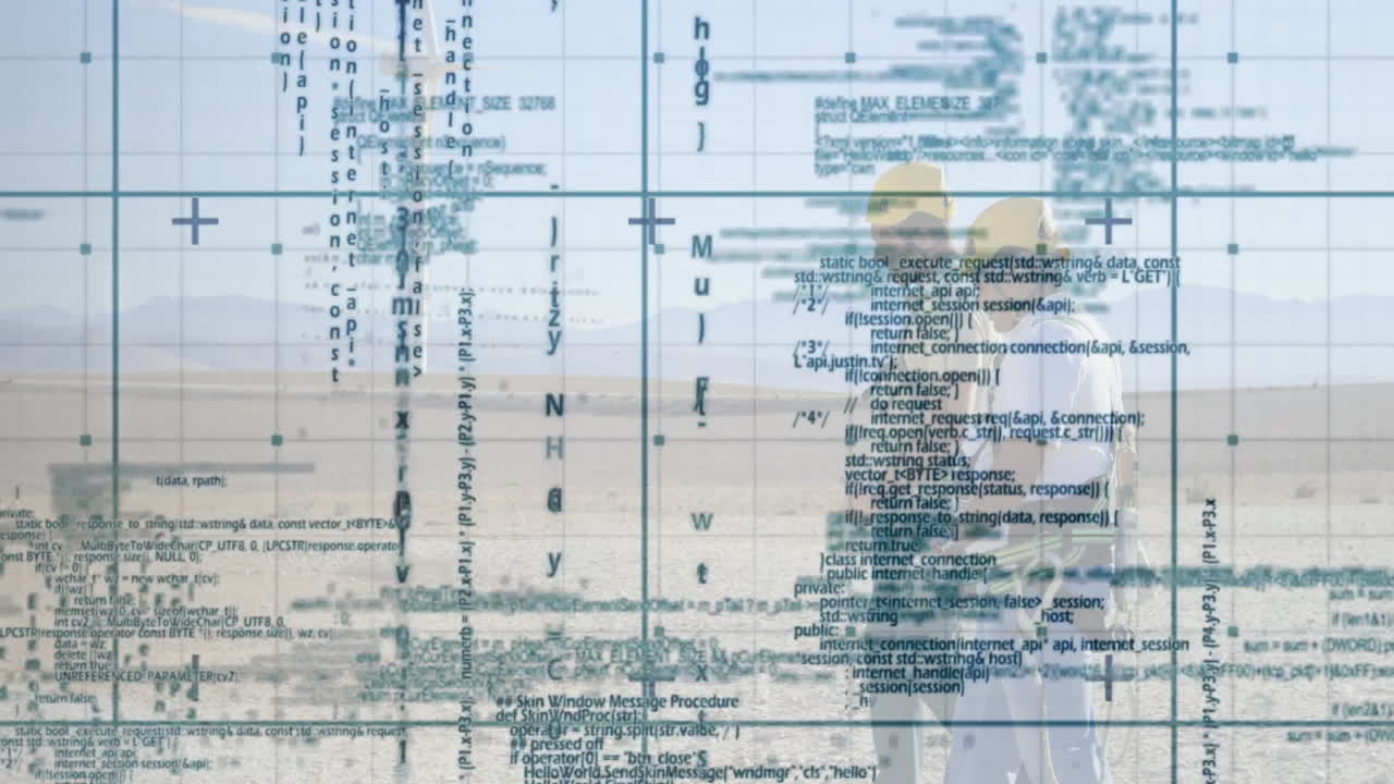 Two wind energy technicians standing and inspecting turbines with AR gridlines and code overlay