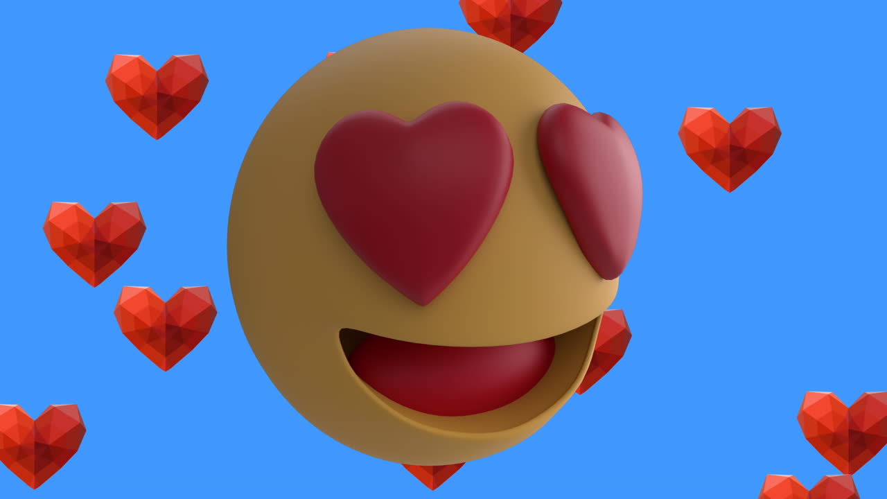 animación del icono de emoji sonriente con corazones rojos con iconos de corazones rojos sobre fondo azul