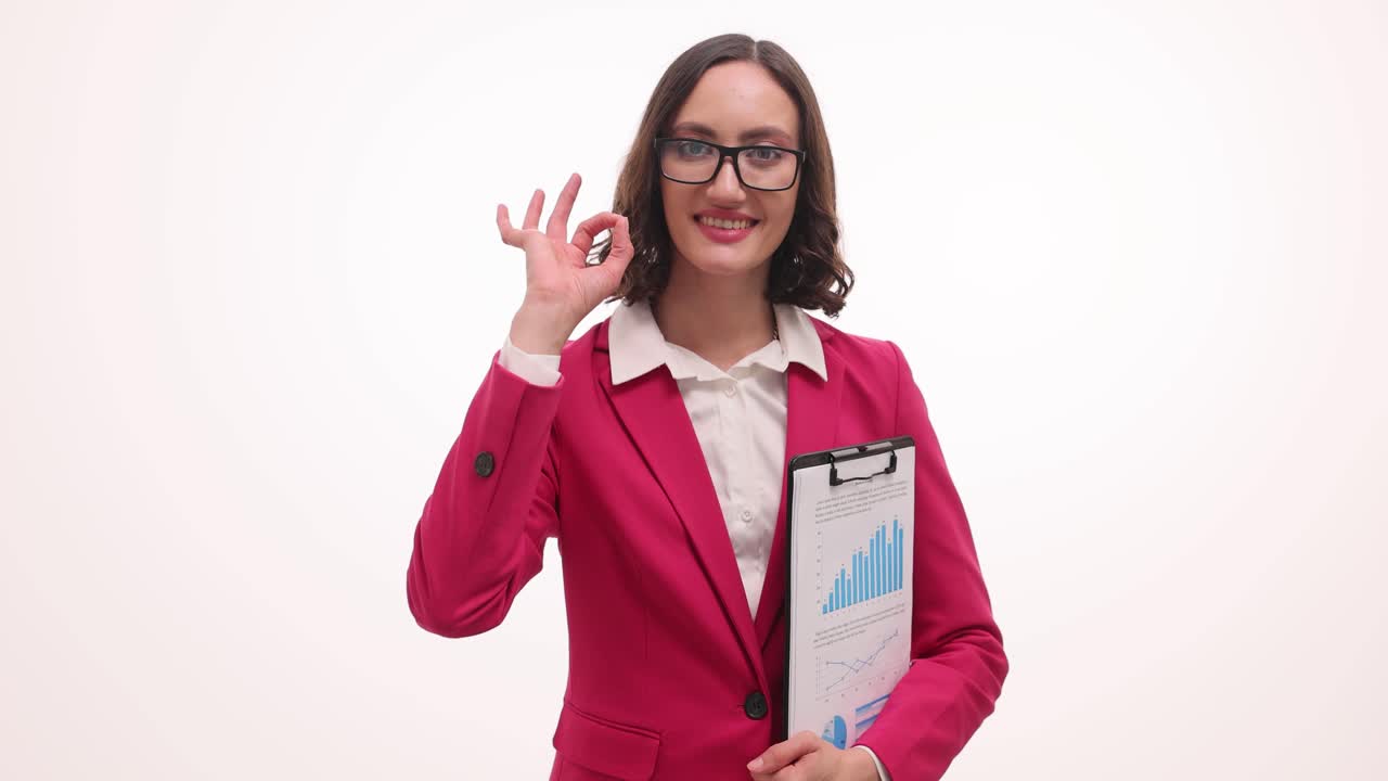 Confident Businesswoman Presenting Charts and Showing OK Gesture