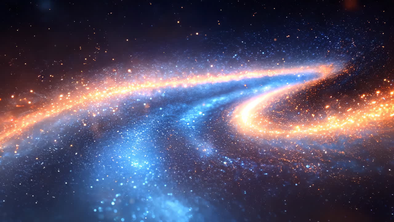 A bright blue and orange galaxy with a spiral shape. The colors are vibrant and the stars are twinkling