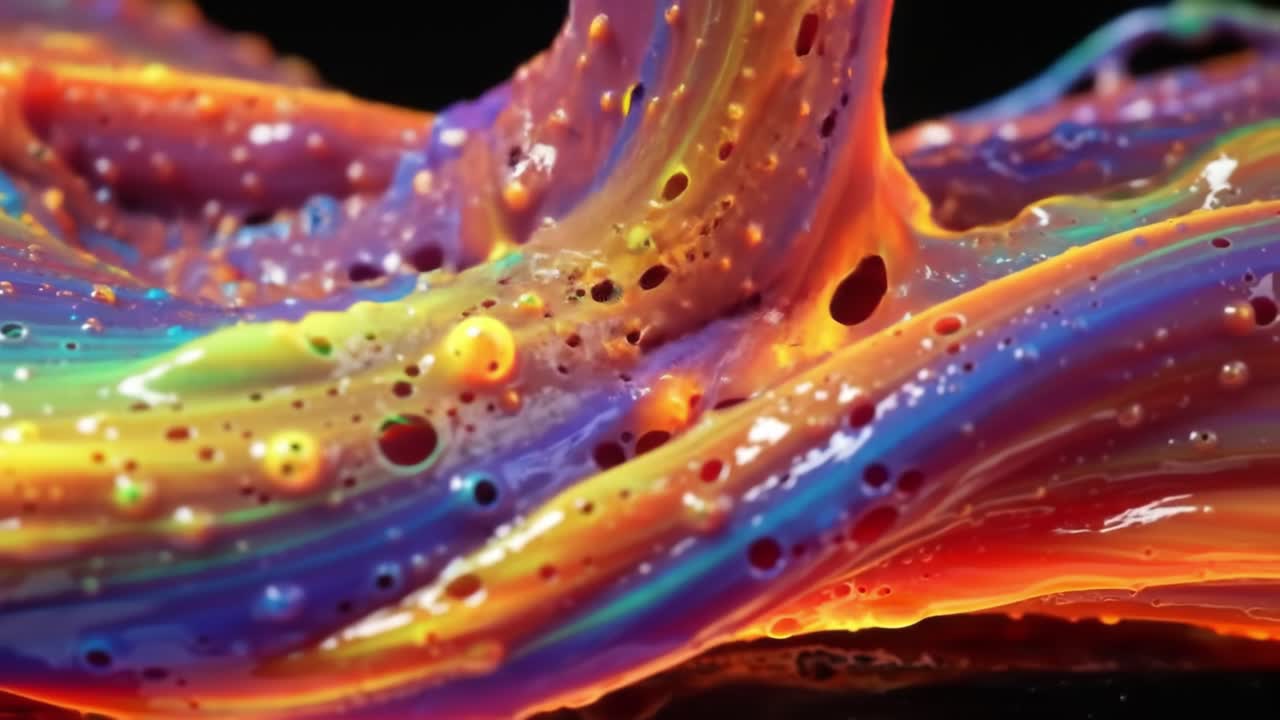 A Vivid Display of Colorful Fluid Motion: An Artistic Exploration of Iridescent Waves and Bubbles Captured in a Close-Up Perspective