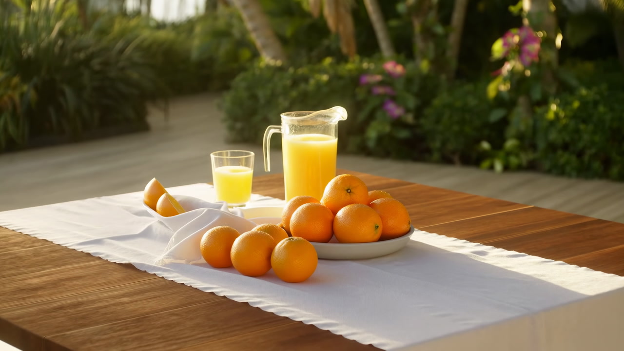 Sunlit Outdoor Table With Oranges Pitcher And Glass Of Freshly Squeezed Juice On White Cloth Wooden Table