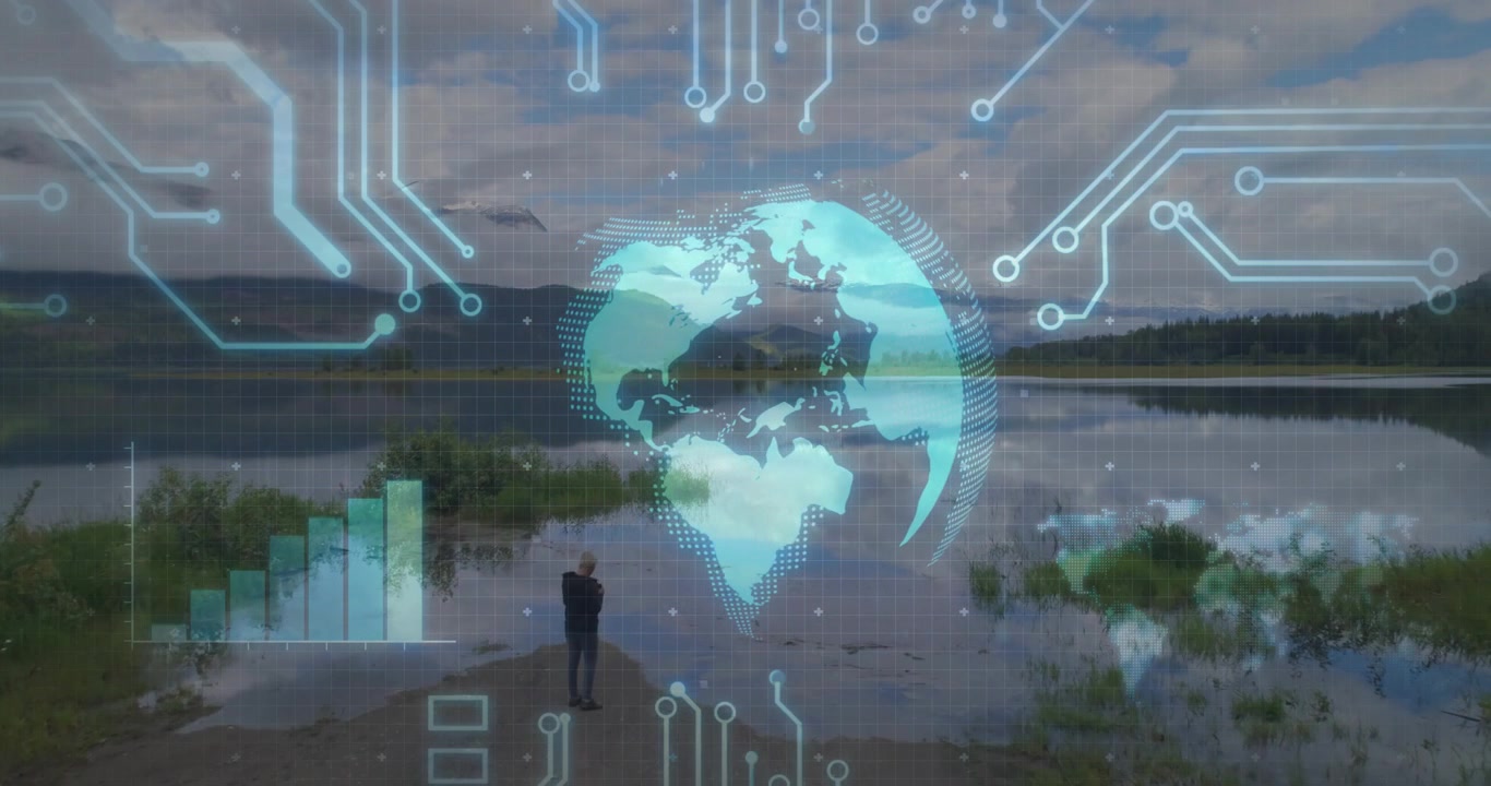 Mature woman approaching shore, raising phone and activating rotating tech globe, HUD, bar chart