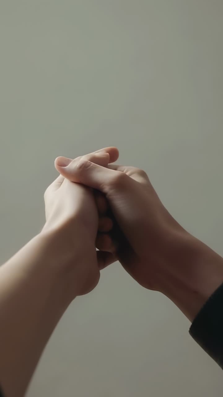 Video vertical: Respondiendo a un hueco, un par de manos adultas entrelazándose en una pared, mostrando un anillo y un brazalete.