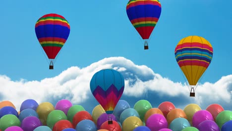 Animation-of-hot-air-balloons-balloons-with-rows-of-colourful-balloons-on-blue-background