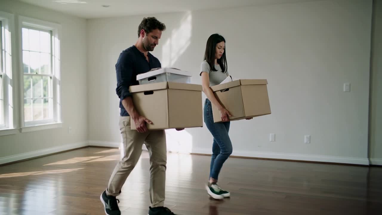 Carrying man and woman entering left, walking across sunlit room carrying stacked boxes for move