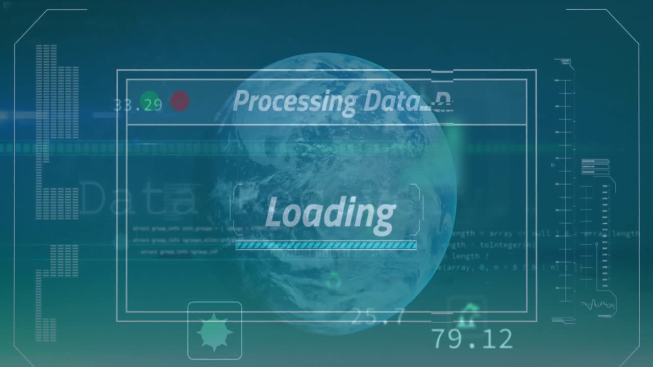녹색 배경에 회전하는 지구 위의 데이터 처리 인터페이스의 애니메이션