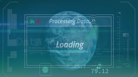 animación de la interfaz con procesamiento de datos sobre un globo giratorio contra un fondo verde.