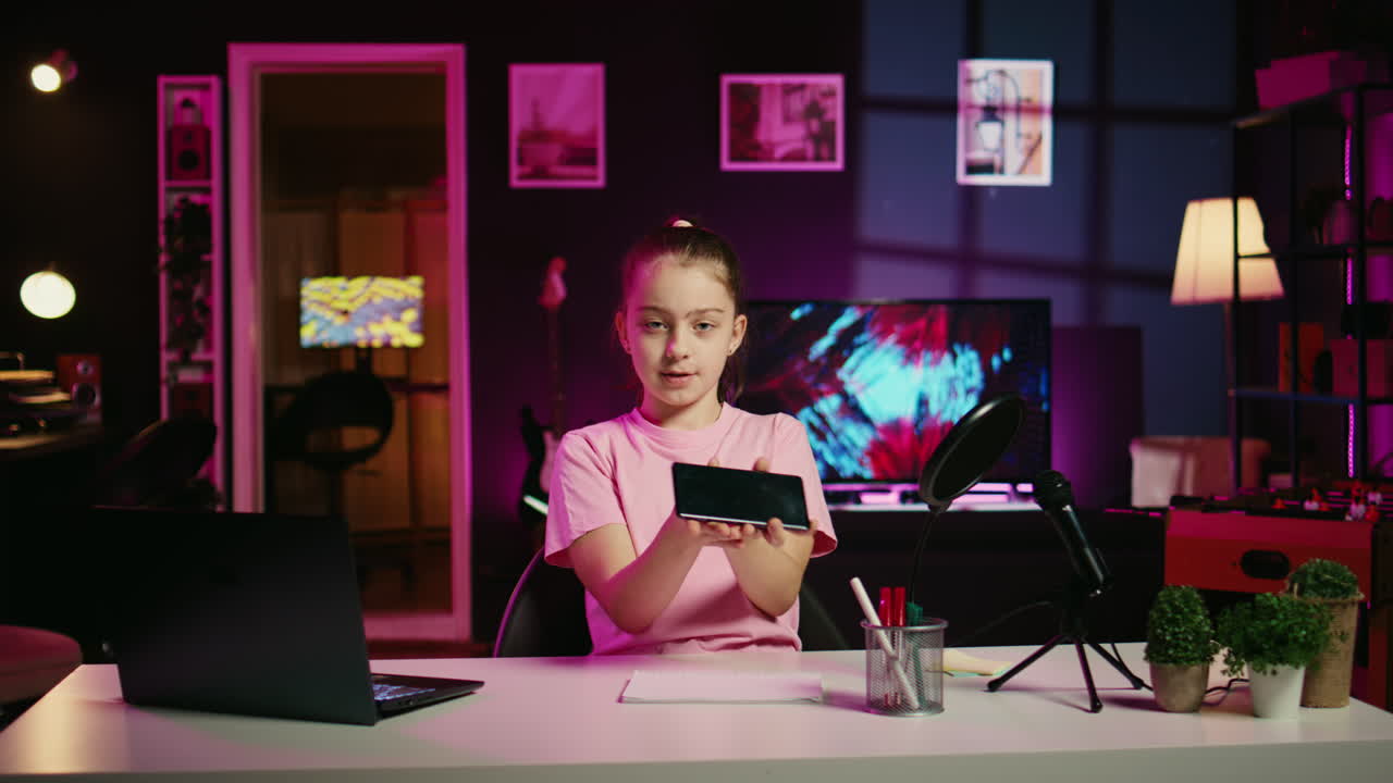 Young content creator filming herself reviewing smartphone popular among children watching her