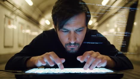 focused programmer in a dimly lit environment: captured moments of intense coding and data analysis with visualized code in motion