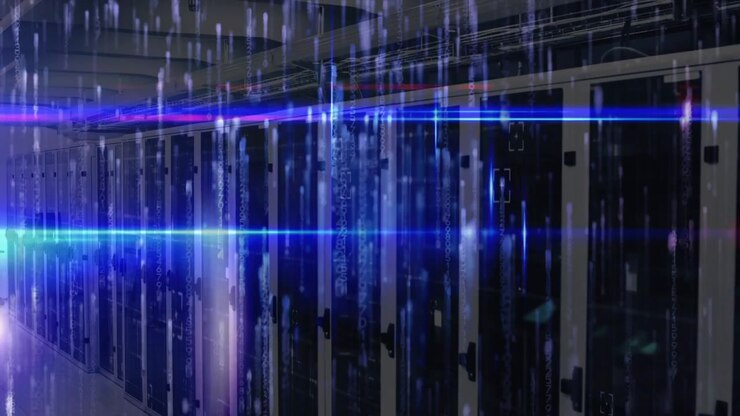 Animation of data processing and blue lights over servers