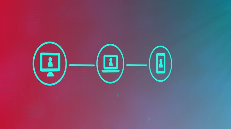Animation of desktop computer with laptop and smartphone icons forming flowchart
