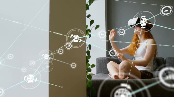 Animation of network of connections with icons over woman wearing vr headset