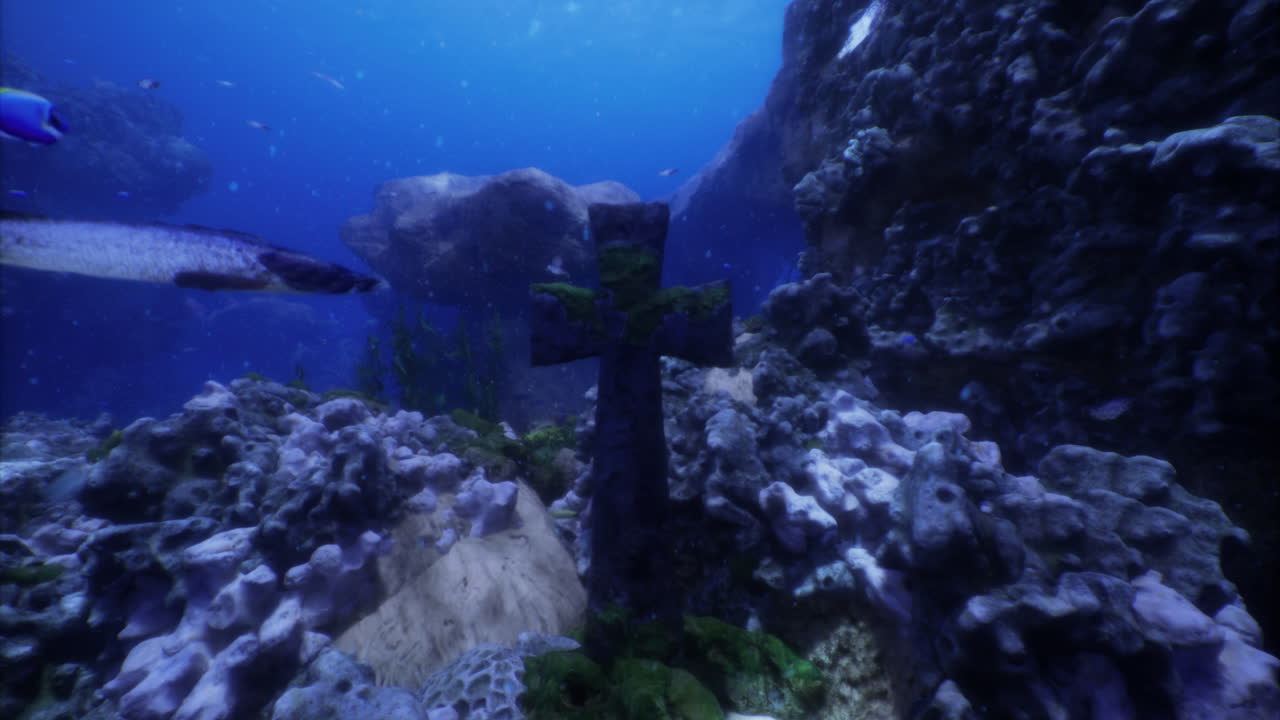 Underwater exploration of an ancient stone cross in a vibrant reef