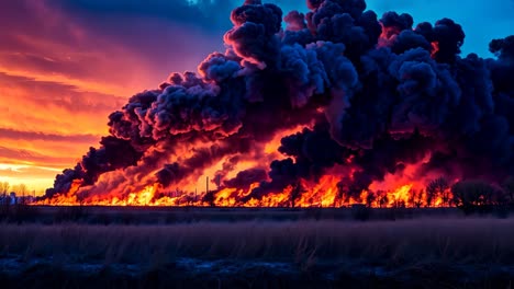 a large plume of black smoke billows out of the sky over a field