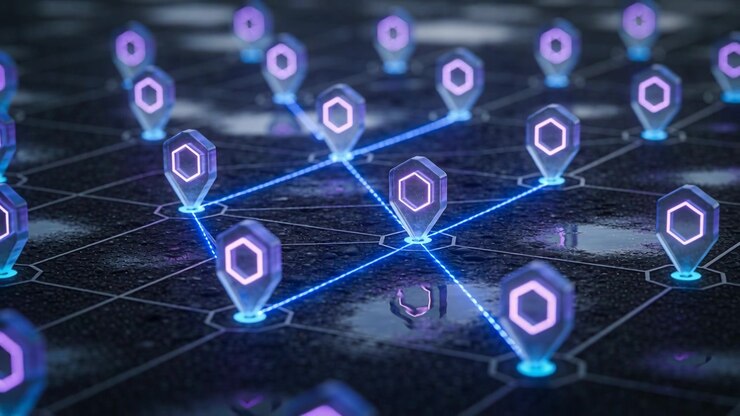 Turning orange left pin-marker with hex-core sending dotted blue beams on wet tiles forming network