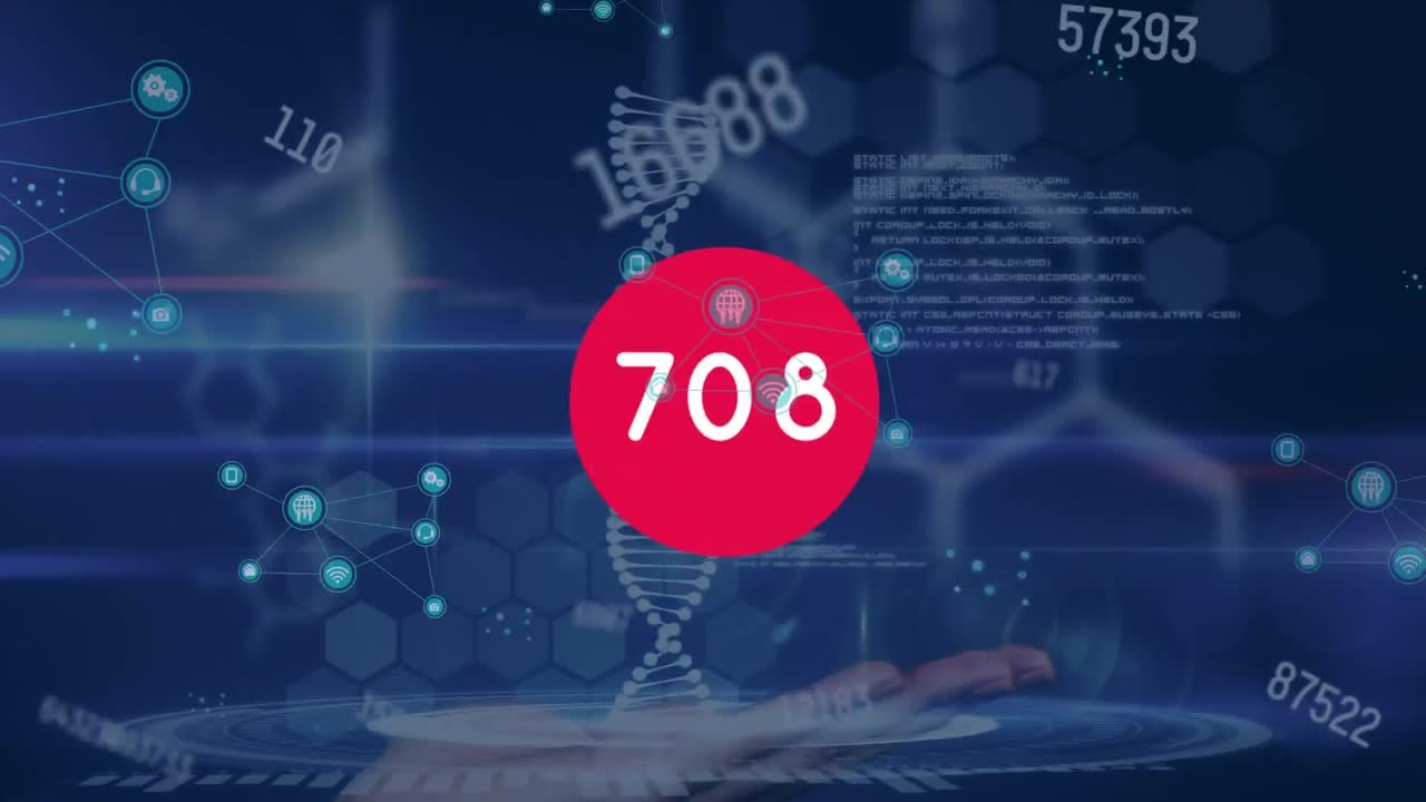 빨간색 원에 숫자의 애니메이션, 파란색 배경에 dna 줄에 대한 과학적 데이터 처리