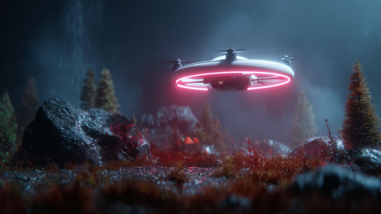 A futuristic drone hovers above a misty landscape adorned with vibrant flora, illuminated by a striking neon ring, creating an enchanting celestial scene in nature