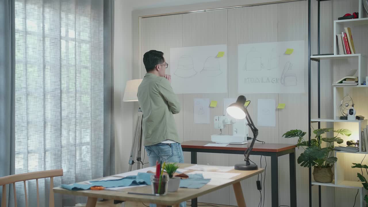 벽에 있는 디자인 스케치 종이를 바라보는 아시아 남자 디자이너의 뒷면