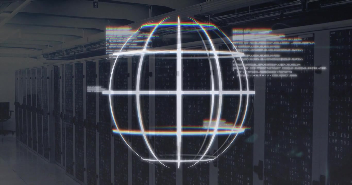 Wireframe globe fading in from center, rotating while glitch text sliding in visualizing data flow