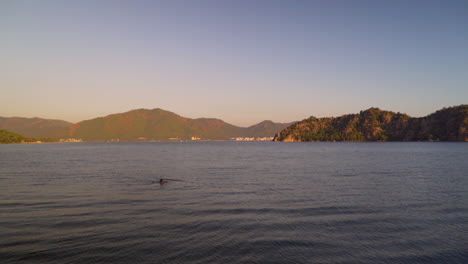 This-shot-depicts-a-panoramic-view-of-a-person-swimming-in-Mediterranean-sea-during-hot-summer-surrounded-by-pine-clad-mountains