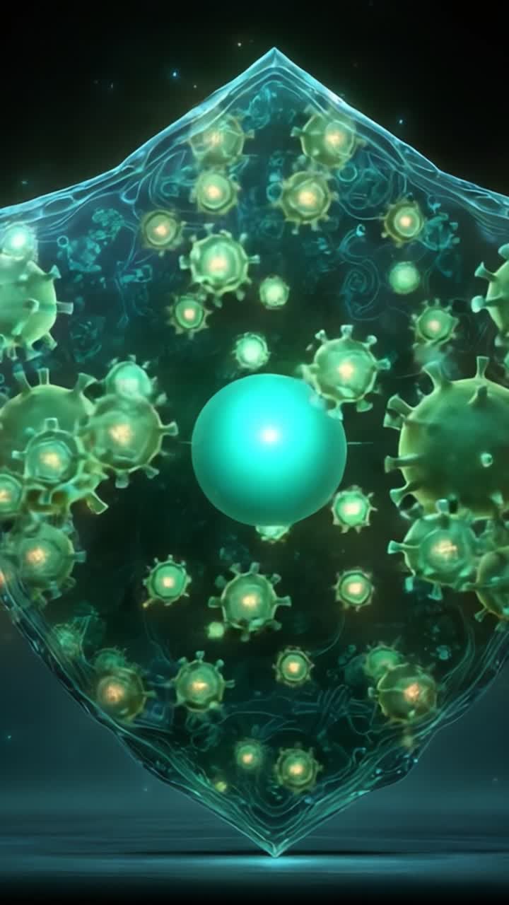 A Stunning Visualization of a Protective Shield Embellished with Microscopic Virus-like Structures, Symbolizing Defense Against Infections in a Dynamic Digital Realm
