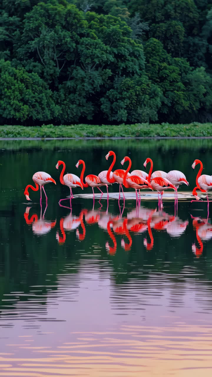 해가 지고 해가 뜨는 동안 평화로운 습지 환경에서 플라밍고