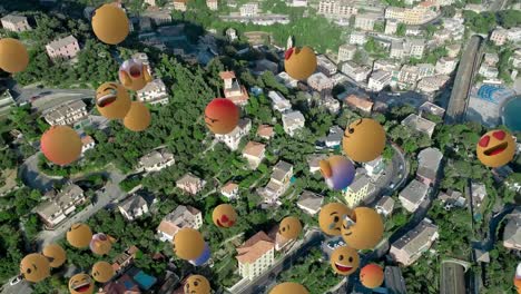 digital composition of multiple face emojis floating against aerial view of cityscape