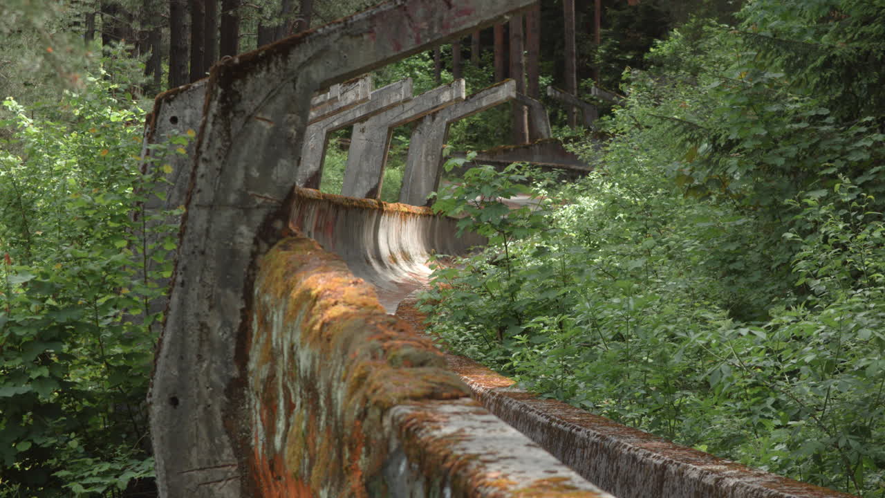 Detail view of the Sarajevo bobsleigh and luge track ruins from the old winter olympics that were hosted in Sarajevo, Bosnia.