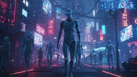 Futuristic Cityscape with Robots: A Nighttime Display of Advanced Technology, Neon Lights, and Cybernetic Life Forms Among Urban Streets